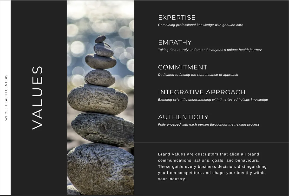 Whole Health Center brand strategy guide, slide 3