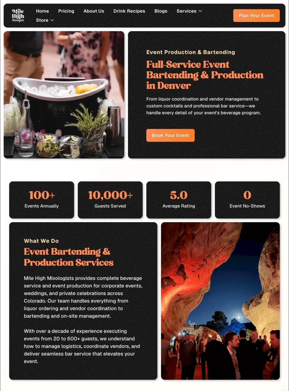 Mile High Mixologists website after the rebuild