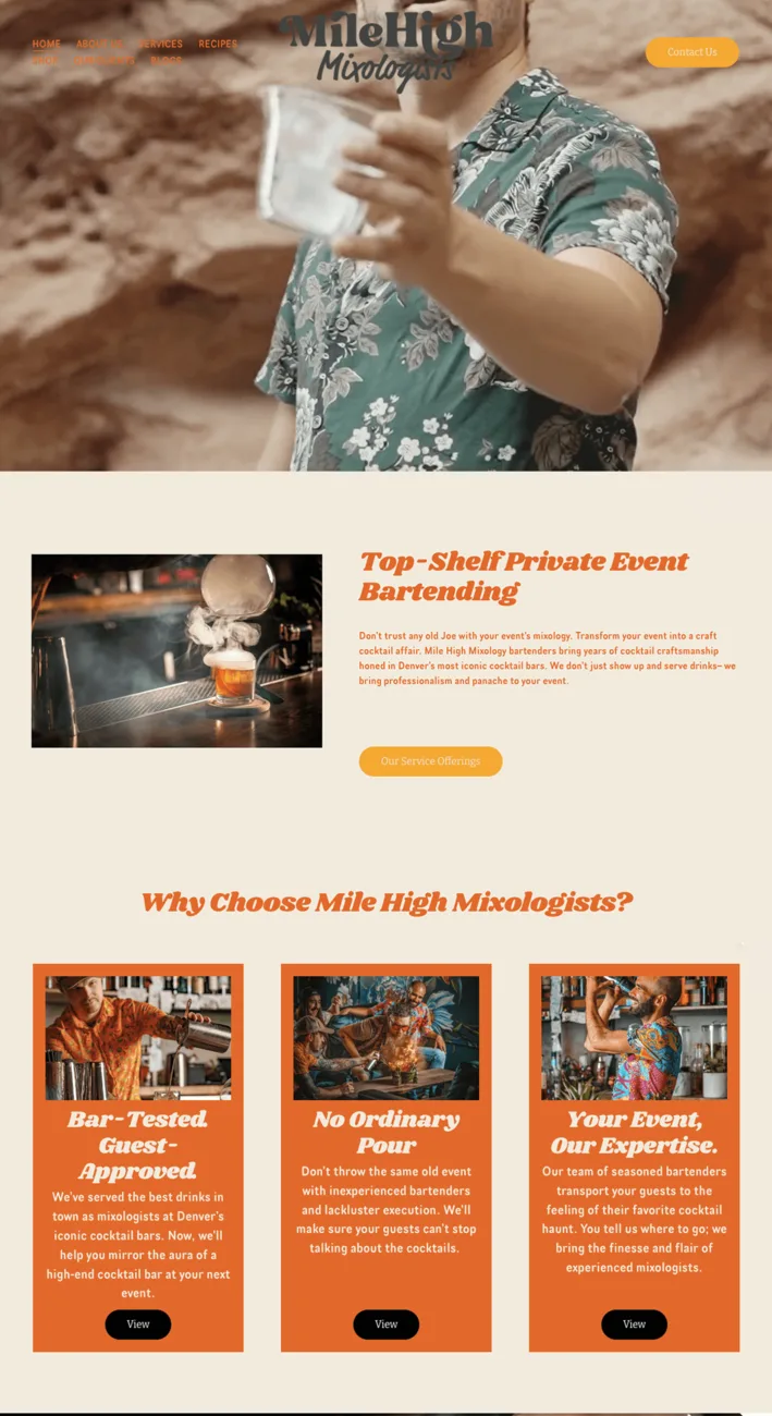 Mile High Mixologists website before the rebuild