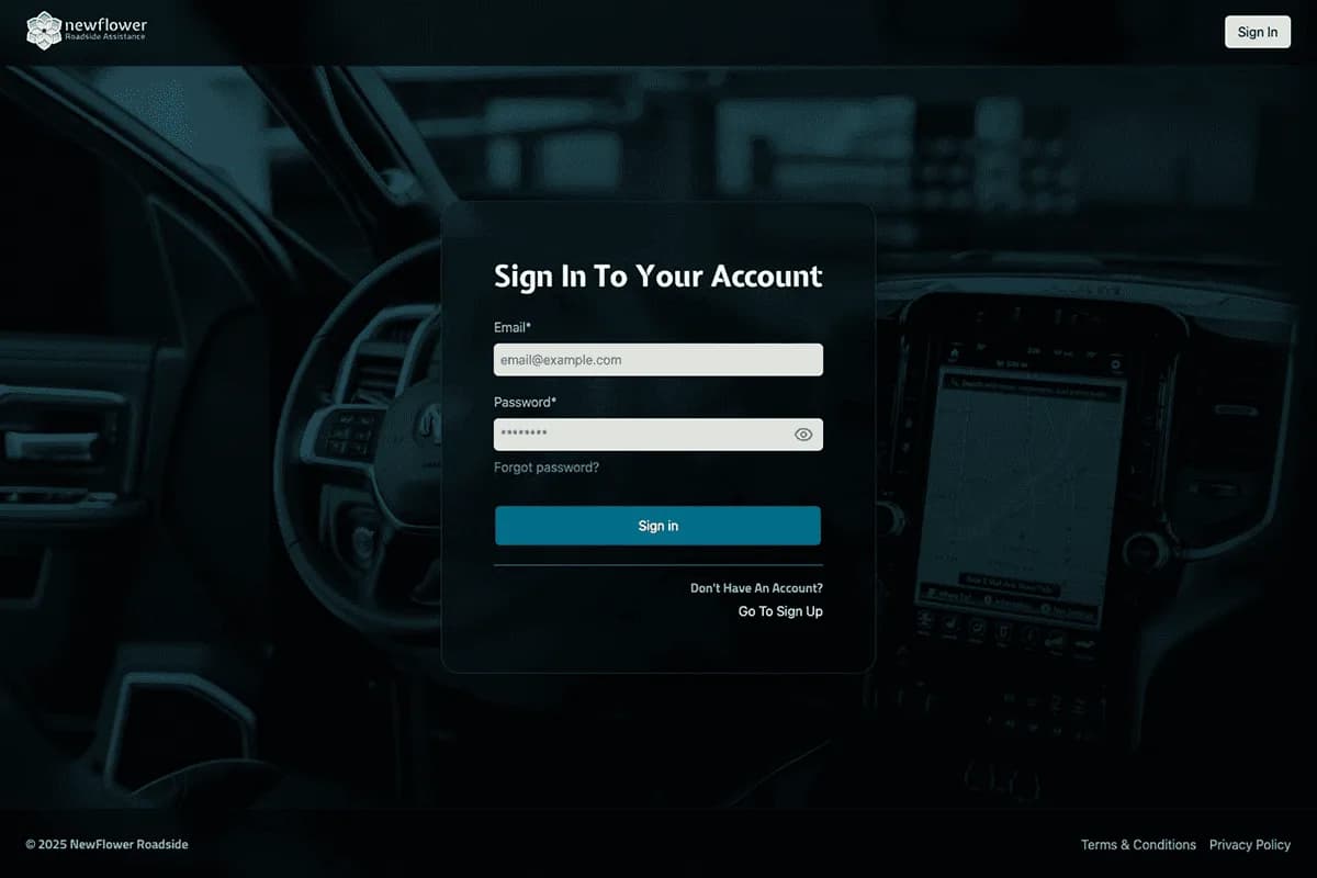 NewFlower Roadside sign-in screen