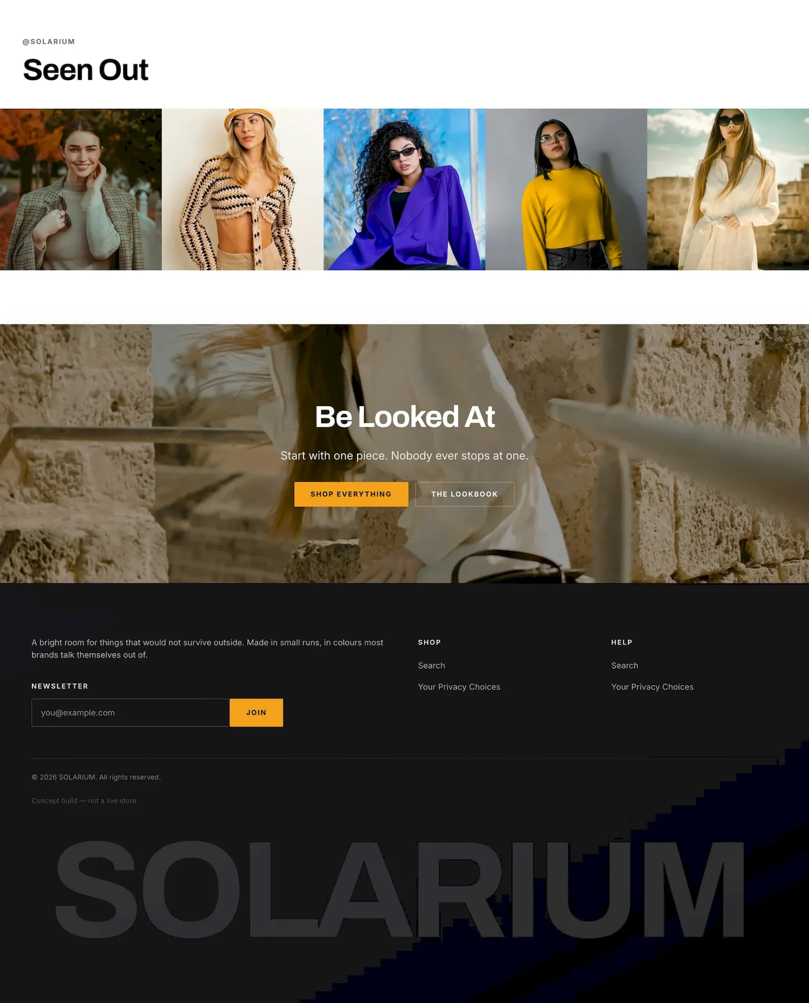 Solarium editorial grid and the brand mark at the foot of the site