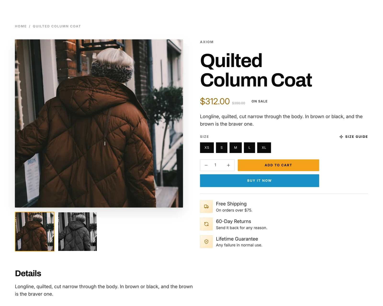 Solarium product page for the Quilted Column Coat