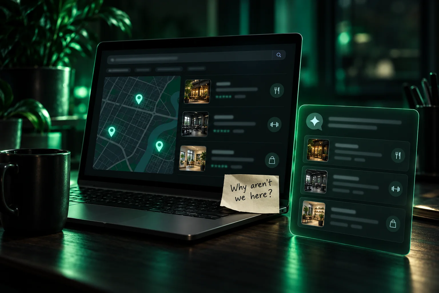 A laptop showing local map results and an AI assistant listing three other businesses, with a sticky note asking "Why aren't we here?"